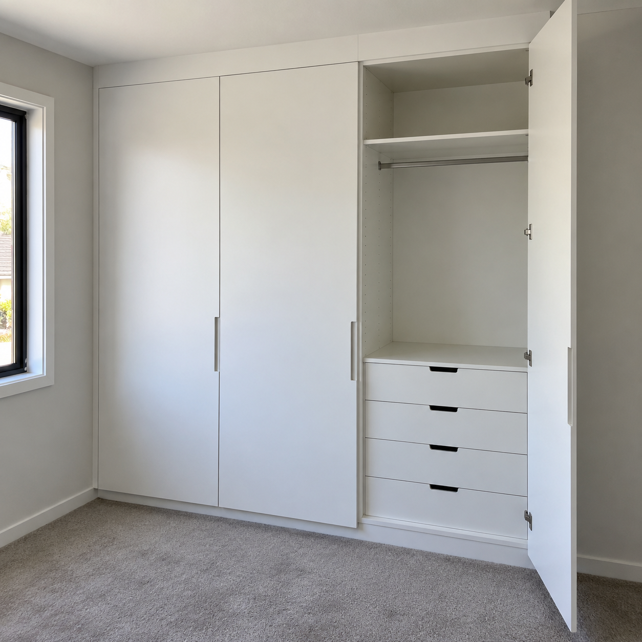 Generated design example: White built-in wardrobe with empty hanging and shelf sections