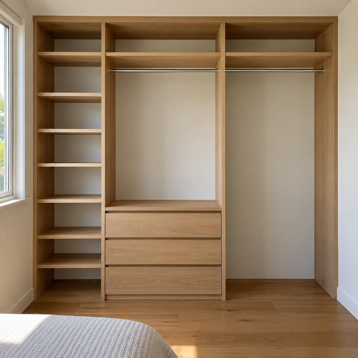 Generated design example: Oak-look wardrobe interior with empty storage sections