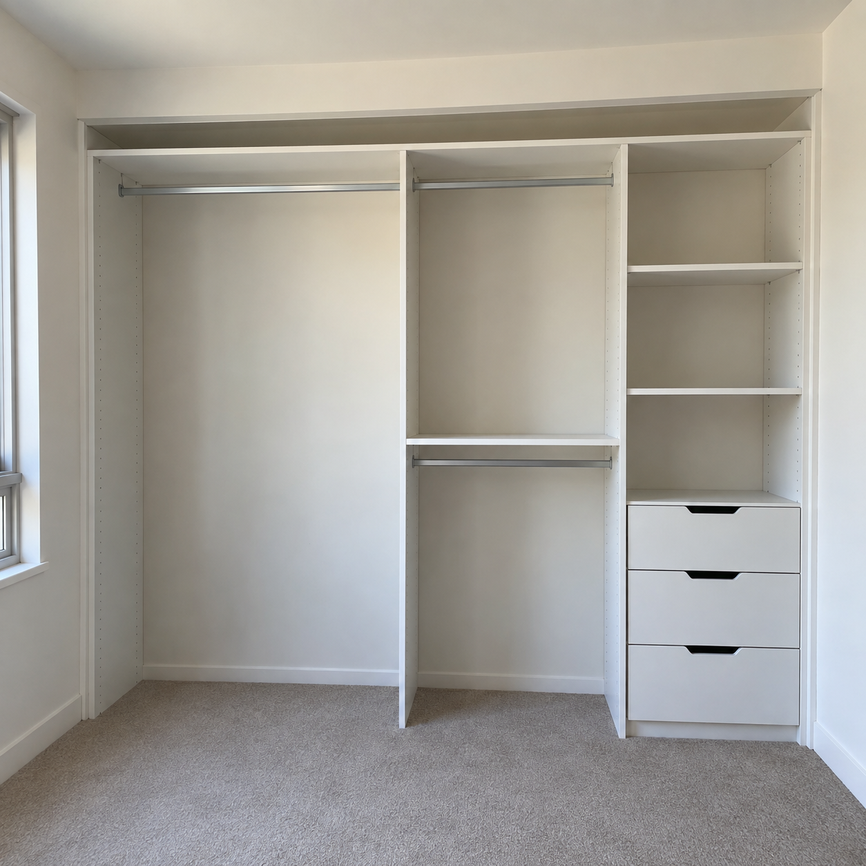 Generated design example: White wardrobe interior with empty hanging, drawers and shelves