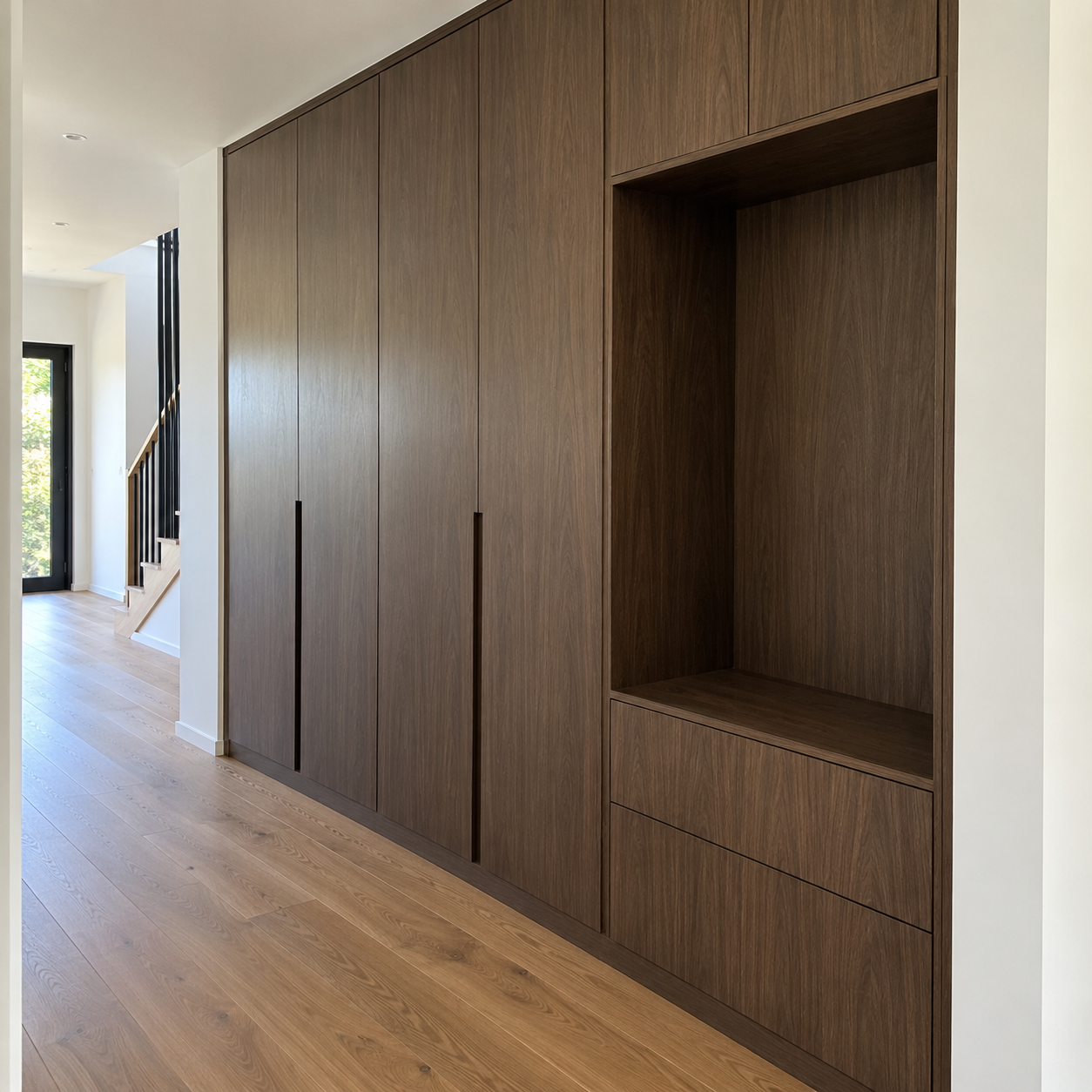 Generated design example: Dark woodgrain custom joinery with cabinets and shelves