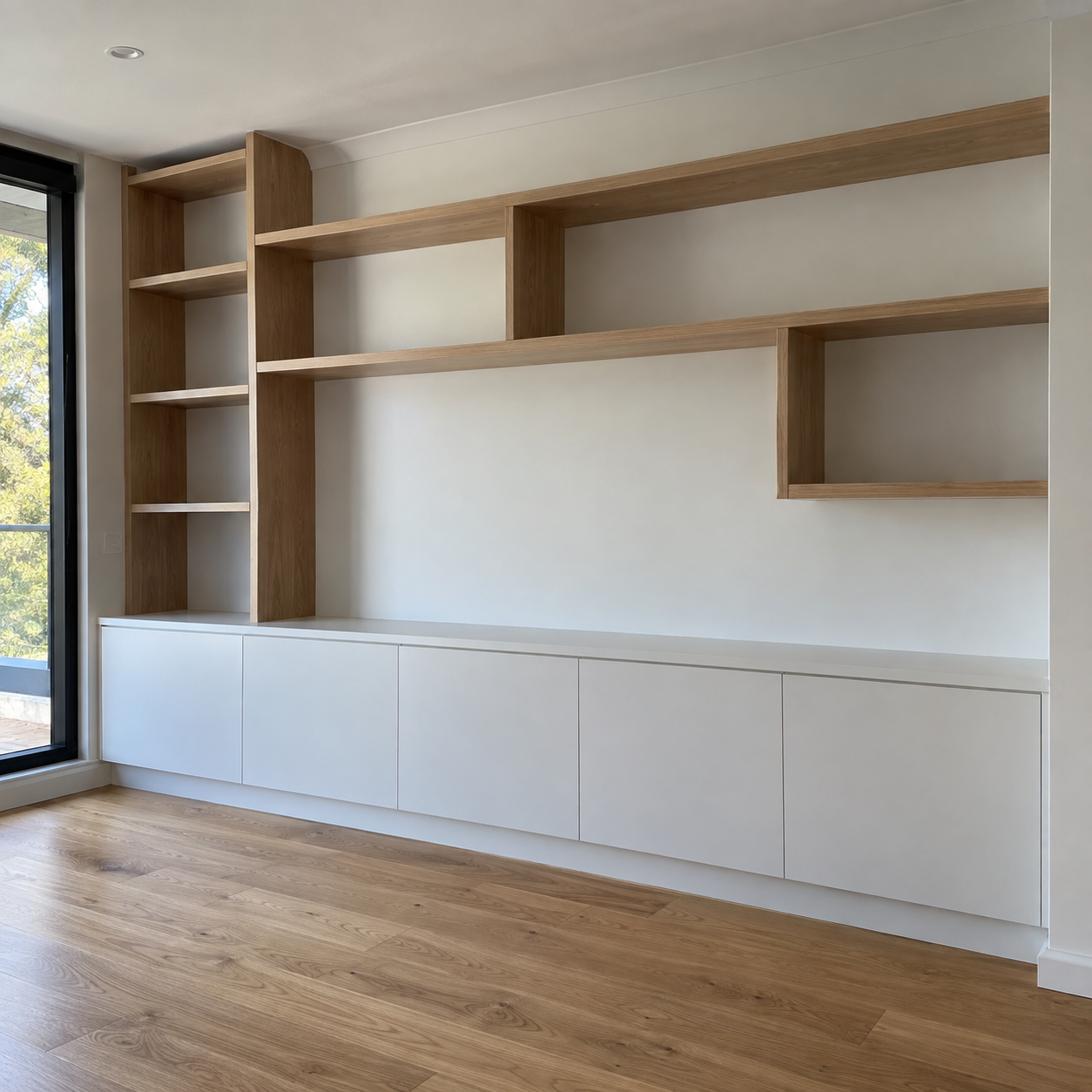 Generated design example: White custom cabinetry with cupboards and open shelving