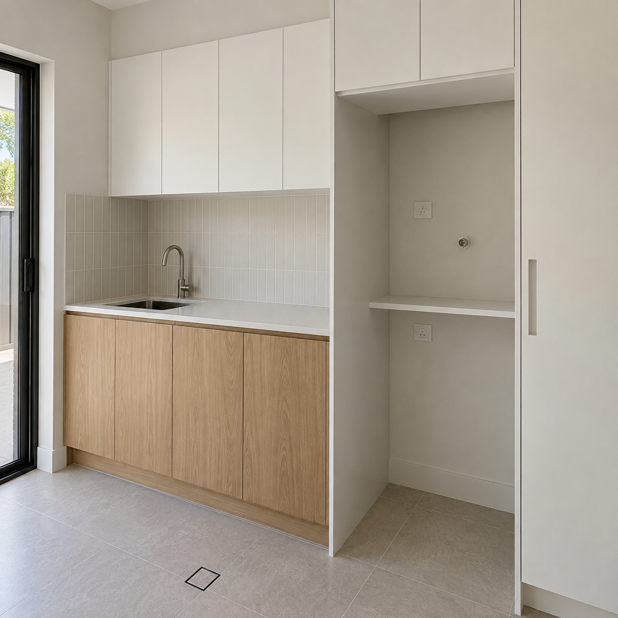 Generated design example: Oak-look laundry joinery with cabinets and a different layout