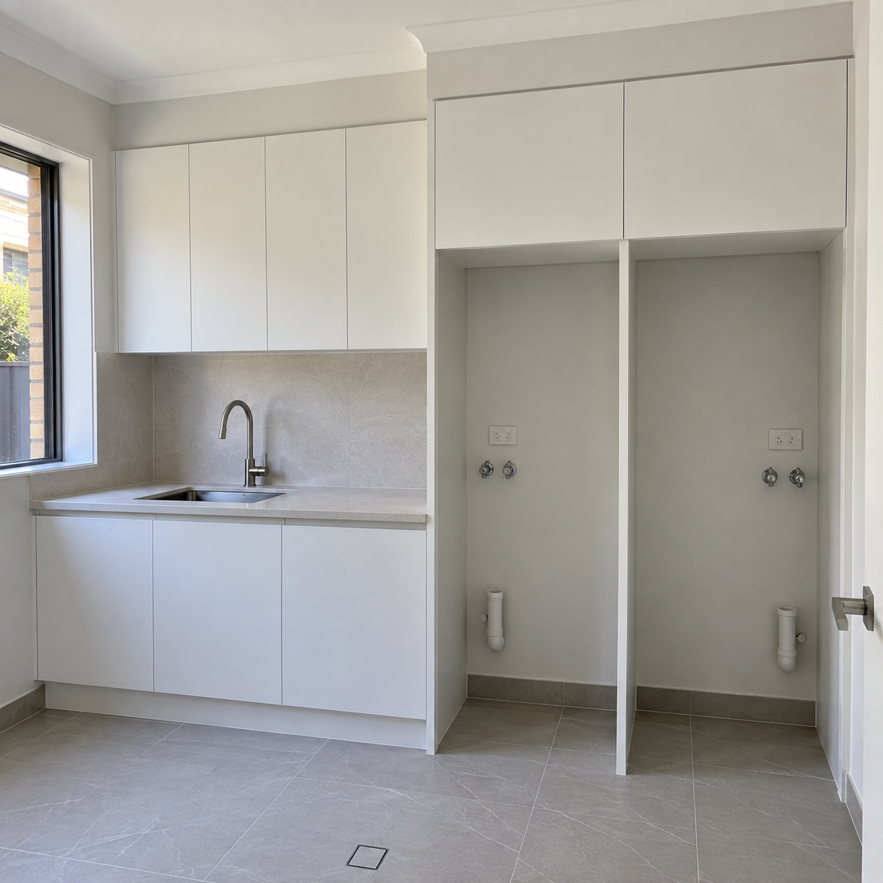Generated design example: White laundry cabinetry with benchtop and overhead storage