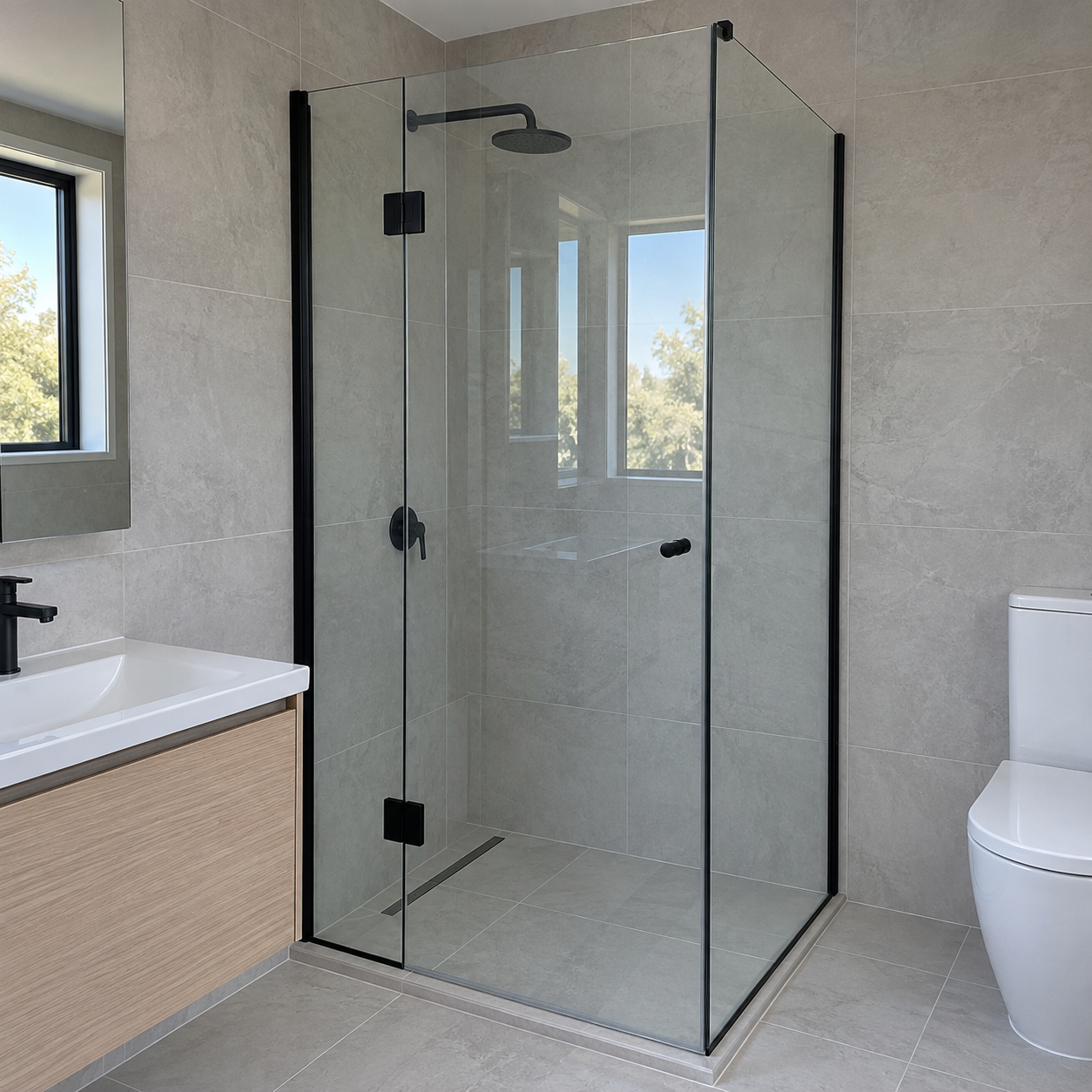 Generated design example: Black-framed shower screen in a finished bathroom