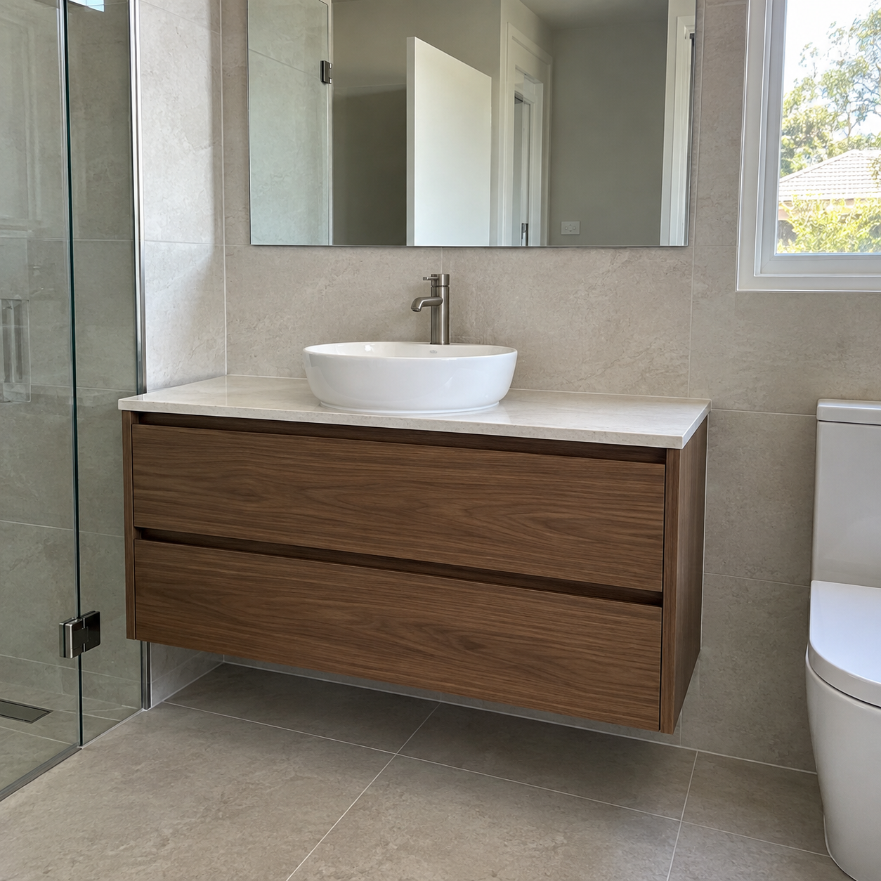 Generated design example: Walnut-look bathroom vanity cabinetry with basin