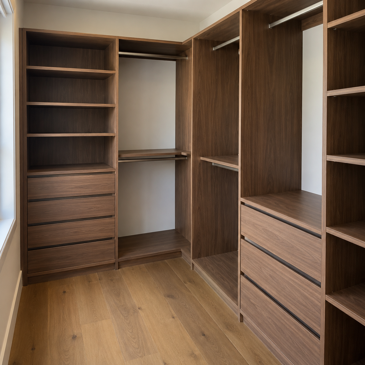 Generated design example: Walnut-look walk-in wardrobe with empty shelves and hanging rails