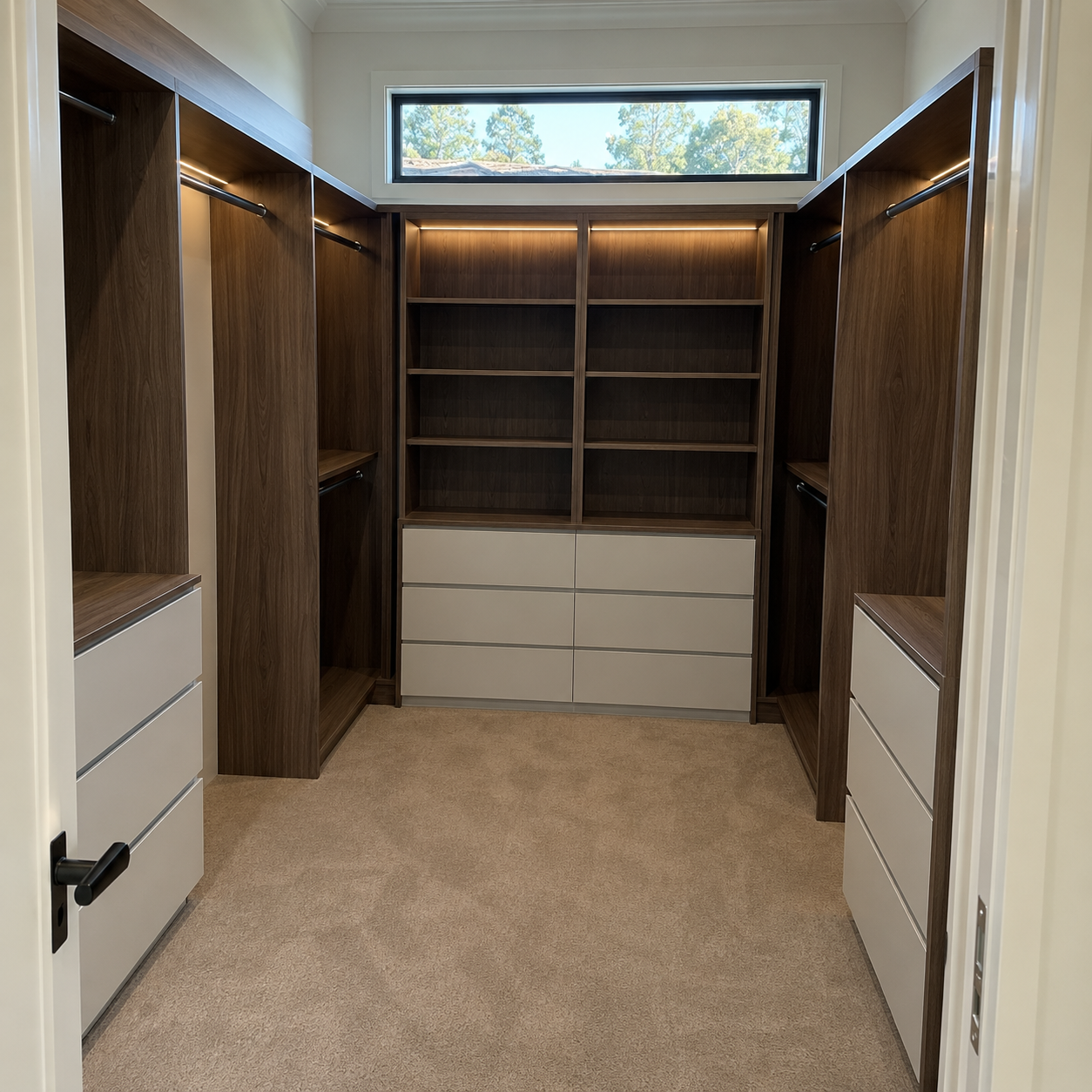 Walk-in wardrobe design showcase showing custom cabinetry