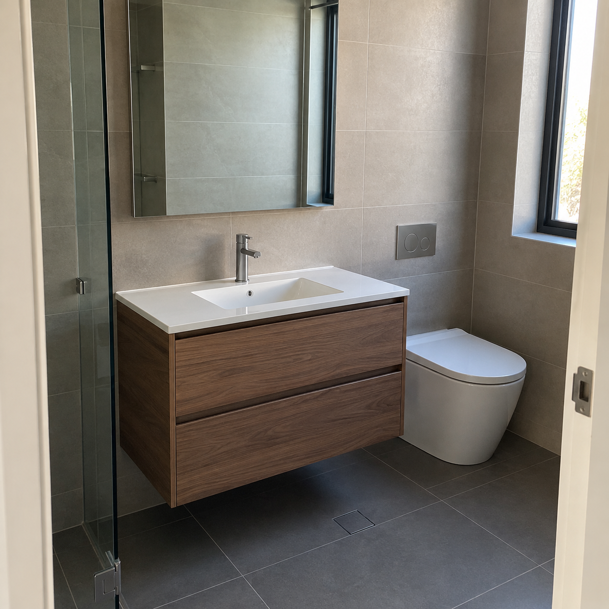 Floating vanity design showcase showing custom cabinetry