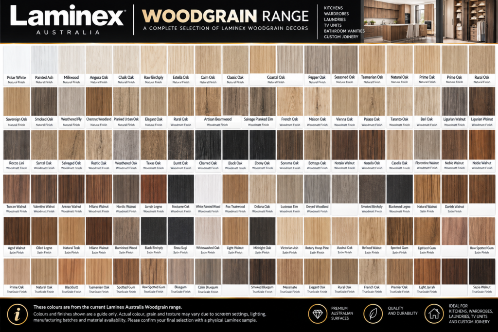 Laminex Woodgrain Range illustrative selection sheet