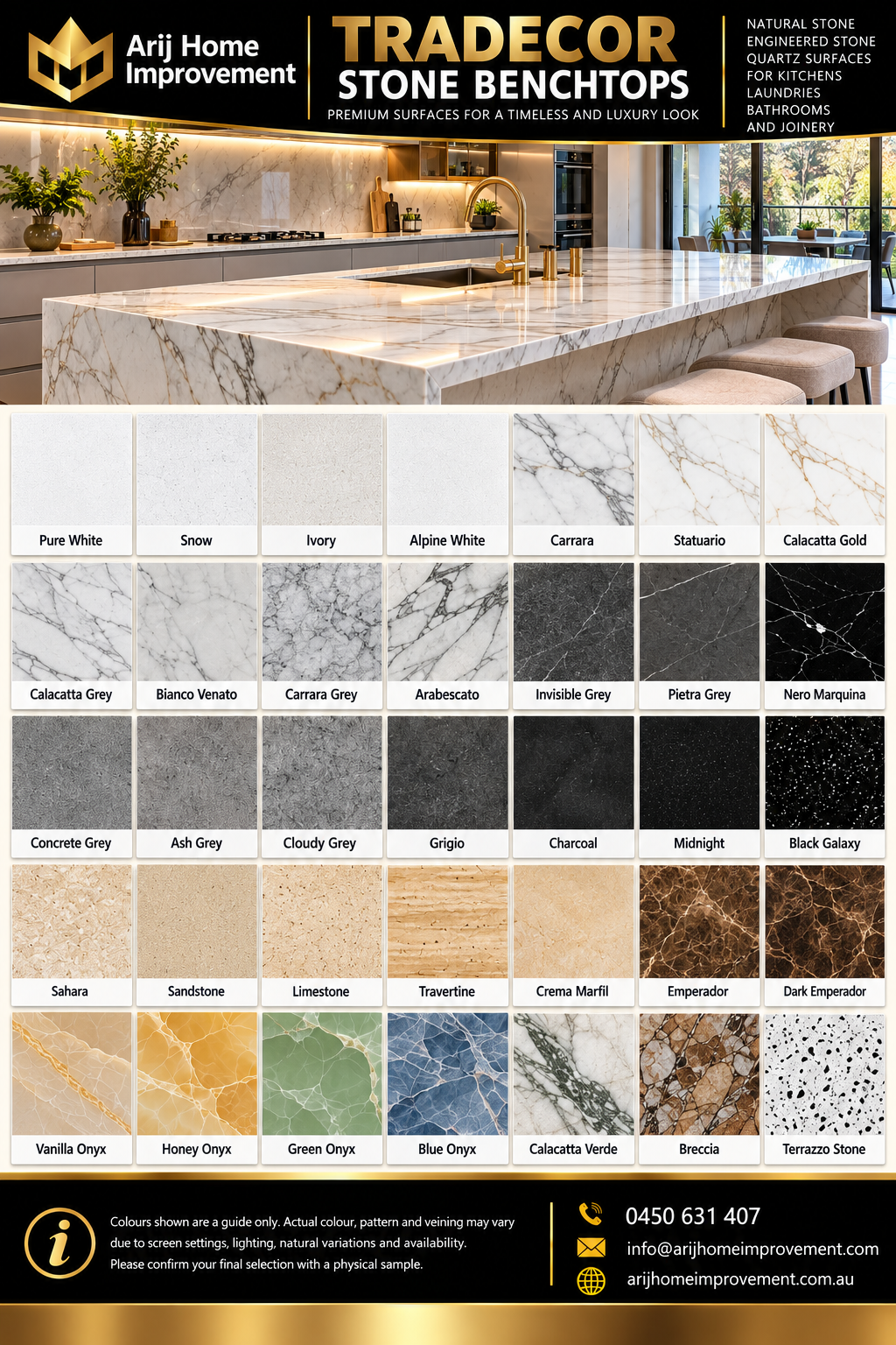 Tradecor Stone Benchtops enlarged original selection sheet