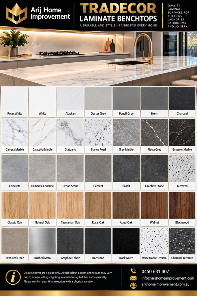 Tradecor Laminate Benchtops illustrative selection sheet